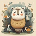 Enchanted Forest Gathering Featuring a Smiling Sheep and Whimsical Birds. Generative AI