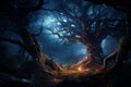 Enchanted forest with glowing lights, creating mystical night ambiance for fantasy backgrounds Royalty Free Stock Photo