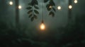 Enchanted forest with hanging light bulb and lush greenery at dusk AI generated Royalty Free Stock Photo