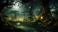 Enchanted forest of illusions bewitched trees, floating orbs, magical creatures, mysterious pathways