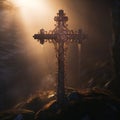 Enchanted Forest: Iron Wrought Cross Decorated with Crystals on Misty Hillside AI Generated