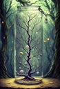 The Enchanted Forest: A Jar Encased Leafless Tree with Alchemical Elements. AI generated