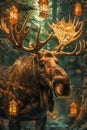 Enchanted Forest King Majestic Moose with Glowing Antlers Surrounded by Mystical Lanterns in a Magical Woodland