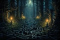 Enchanted forest labyrinths, twisting and turning with magical illusions - Generative AI Royalty Free Stock Photo