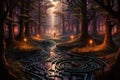 Enchanted forest labyrinths, twisting and turning with magical illusions - Generative AI Royalty Free Stock Photo