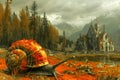 Enchanted Forest Landscape with Snail and Ruined Castle Amidst Autumn Trees and Majestic Mountains