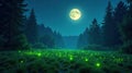 Enchanted forest meadow at night with glowing firefly lights under a full moon. Generative AI Royalty Free Stock Photo