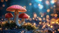 Enchanted Forest: 3D Render of Fly Agaric Mushroom with Bokeh Lights and Abstract Background of Mushrooms
