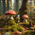 Enchanted forest with mushrooms. An elf in the picture. Green forest floor