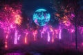Enchanted Forest with Neon Lights and a Floating Globe Display Royalty Free Stock Photo