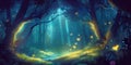 Enchanted forest at night filled with golden glow from magical flowers and butterflies, fairy tale landscape. Generative AI