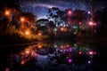 Enchanted forest at night with mystical glowing lights creating a magical ambiance