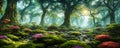 Enchanted forest. An otherworldly forest landscape with majestic ancient trees. Generative AI