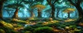 Enchanted forest. An otherworldly forest landscape with majestic ancient trees. Generative AI