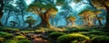 Enchanted forest. An otherworldly forest landscape with majestic ancient trees. Generative AI