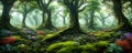 Enchanted forest. An otherworldly forest landscape with majestic ancient trees. Generative AI