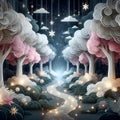 Enchanted forest in painting art, sparkles stars, paper cut cloud forest, pink and white tree leaves rustle mysteriously in breeze Royalty Free Stock Photo