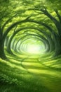 Enchanted forest path with arching trees and glowing light, AI