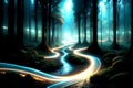 Enchanted Forest Path with Glowing Blue and Yellow Light Trails woods Royalty Free Stock Photo