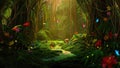 Enchanted forest path with glowing sunlight and lush greenery, magical vertical smartphone wallpaper Royalty Free Stock Photo