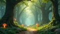 Enchanted forest path lined with glowing mushrooms, ancient moss covered trees. Sunlight filters through canopy creating Royalty Free Stock Photo