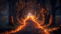 Enchanted Forest Path Lined with Glowing Orbs and Twinkling Lights Royalty Free Stock Photo