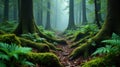 Enchanted forest path moss-covered roots and lush ferns create a mystical walking trail. Generative AI Royalty Free Stock Photo