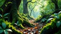 Enchanted forest path moss-covered roots and lush undergrowth in a sun-dappled woodland. Generative AI Royalty Free Stock Photo