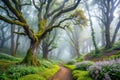 Enchanted forest path moss-covered trees, soft mist, and blooming flowers line a serpentine trail. Generative AI Royalty Free Stock Photo