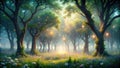 Enchanted forest path a mystical walk through a dreamlike grove illuminated by glowing lights. Generative AI Royalty Free Stock Photo