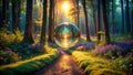 Enchanted forest path with a reflective orb at sunrise, showing a mystical and serene atmosphere. Generative AI Royalty Free Stock Photo
