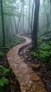 Enchanted Forest Path Shrouded in Twilit Mist The trail blurs with the trees