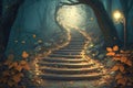 Enchanted Forest Path with Step Stairs. Landscape Glittering Leaves Magic Generative AI