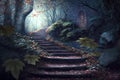 Enchanted Forest Path with Step Stairs. Landscape Glittering Leaves Magic Generative AI