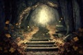 Enchanted Forest Path with Step Stairs. Landscape Glittering Leaves Magic Generative AI