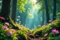 Enchanted forest path sunlit meadow with pink blossoms and floating bubbles. Generative AI Royalty Free Stock Photo