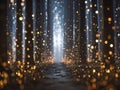 Enchanted forest pathway illuminated by countless glowing fireflies creating a magical and dreamy atmosphere among tall dark trees Royalty Free Stock Photo