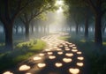 Enchanted forest pathway illuminated by glowing heartshaped stones at twilight Royalty Free Stock Photo