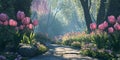 Enchanted Forest Pathway with Pink Tulips Royalty Free Stock Photo