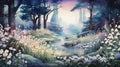 Enchanted Forest Pathway at Twilight. Serene twilight forest scene with a vibrant flower path and distant spires