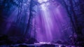 Enchanted forest purple light piercing trees, river glowing, creating mystical ambiance