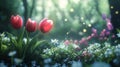 Enchanted Forest with Red Tulips and Glowing Lights Royalty Free Stock Photo