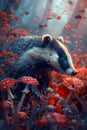 Enchanted Forest Scene with Badger Amongst Amanita Mushrooms in a Surreal Red and Blue Toned Setting