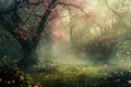 Enchanted forest scene with cherry blossoms and soft light in a mystical clearing