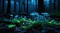 Glowing Mushrooms in a Mystical Forest with Enchanted Ferns at Night Royalty Free Stock Photo
