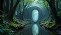 Enchanted forest scene featuring a serene river reflecting lush greenery and a mystical stone archway, creating a tranquil Royalty Free Stock Photo