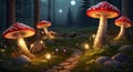 Enchanted forest scene with glowing mushrooms and a mystical path. Fairytale woodland at night. Concept of fantasy Royalty Free Stock Photo