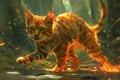 Enchanted Forest Scene with Majestic Fiery Cat Amidst Sunbeams and Verdant Foliage