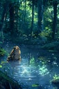 Enchanted Forest Scene with Majestic Toad by Moonlit Pond Surrounded by Lush Greenery and Fireflies