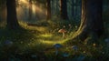 Enchanted Forest Floor with Fairy Ring Mushrooms Bathed in Golden Sunlight Royalty Free Stock Photo